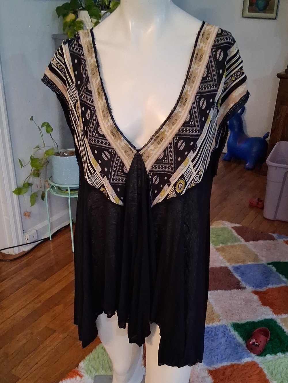 Free People Black Boho V-Neck Printed Tunic